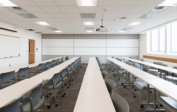 Classrooms on the second floor of the Austin Building have been remodeled with a retractable wall to allow two rooms to become one: big enough to be used as a sacrament meeting room on Sundays.