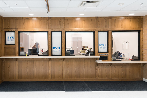 The view of the east side of the first floor in the Kimball Building, after the recent remodel. The Cashier Office.