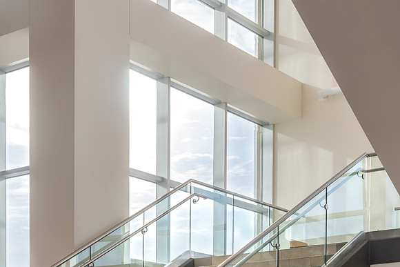 A detail shot of the I-Center on a sunny day.