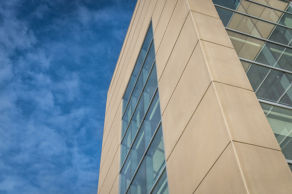 A detail shot of the I-Center on a sunny day.
