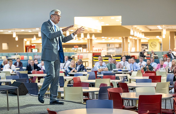 Faculty gather together for a Conference before the start of the Fall semester.