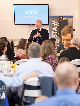 Alumni in the Cache Valley area gather at Eagles Landing Event Center, in Smithfield, Utah and get the chance to listen to and meet President Meredith.