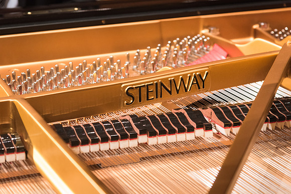 Doug Rowen, a music major, plays the Hamburg Steinway Piano in the Barrus Hall. 2018