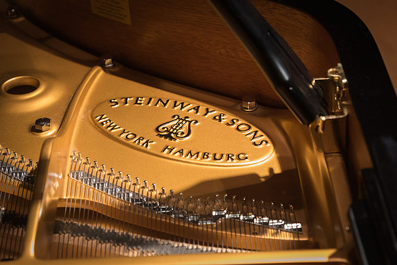 Doug Rowen, a music major, plays the Hamburg Steinway Piano in the Barrus Hall. 2018