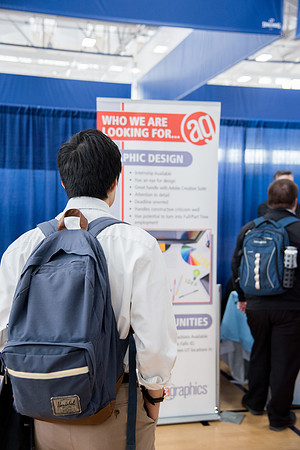 BYU-Idaho students attend the career fair. Students can find potential jobs and internships for their prospective majors at the fair.
