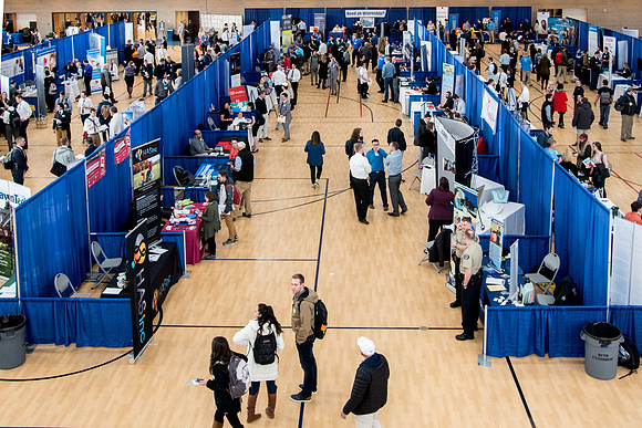 BYU-Idaho students attend the career fair. Students can find potential jobs and internships for their prospective majors at the fair.