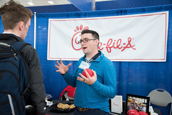 BYU-Idaho students attend the career fair. Students can find potential jobs and internships for their prospective majors at the fair.