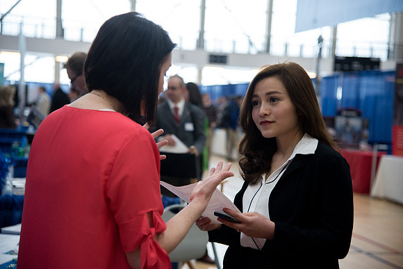 BYU-Idaho students attend the career fair. Students can find potential jobs and internships for their prospective majors at the fair.