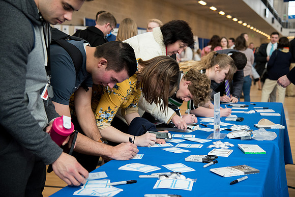 BYU-Idaho students attend the career fair. Students can find potential jobs and internships for their prospective majors at the fair.