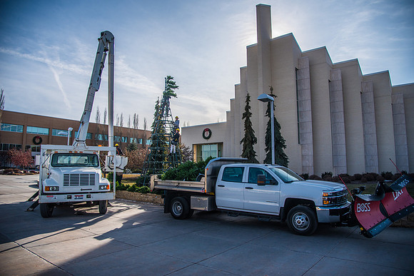 The BYU-Idaho ground keeping crew set up a christmas tree in front of the Taylor chapel. Fall Semester.