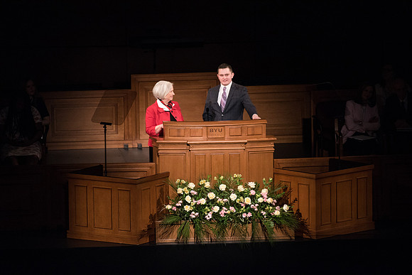 Sister Neill F. Marriott, Second Counselor in the Young Women General Presidency, invites a student to share their personal experience about having a change of heart. Photo by Garrett Blanchard