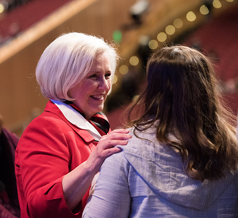 BYU-Idaho Devotional. Guest Speaker Neill F. Marriott interacting with students after the devotional. Feb 2018