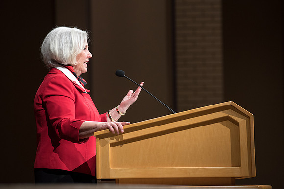 Sister Neill F. Marriott, Second Counselor in the Young Women General Presidency, speaks at the Women's Meeting for BYU-Idaho women employees and employees spouses.