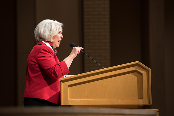 Sister Neill F. Marriott, Second Counselor in the Young Women General Presidency, speaks at the Women's Meeting for BYU-Idaho women employees and employees spouses.