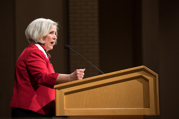 Sister Neill F. Marriott, Second Counselor in the Young Women General Presidency, speaks at the Women's Meeting for BYU-Idaho women employees and employees spouses.