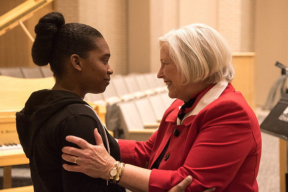 Sister Neill F. Marriott, Second Counselor in the Young Women General Presidency, speaks at the Women's Meeting for BYU-Idaho women employees and employees spouses.
