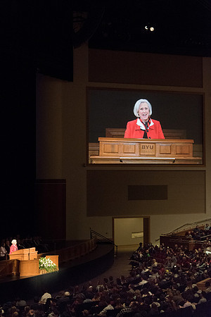 Sister Neill F. Marriott, Second Counselor in the Young Women General Presidency, speaks at the Devotional.