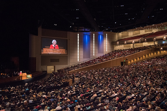 Sister Neill F. Marriott, Second Counselor in the Young Women General Presidency, speaks at the Devotional.