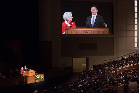 Sister Neill F. Marriott, Second Counselor in the Young Women General Presidency, speaks at the Devotional.