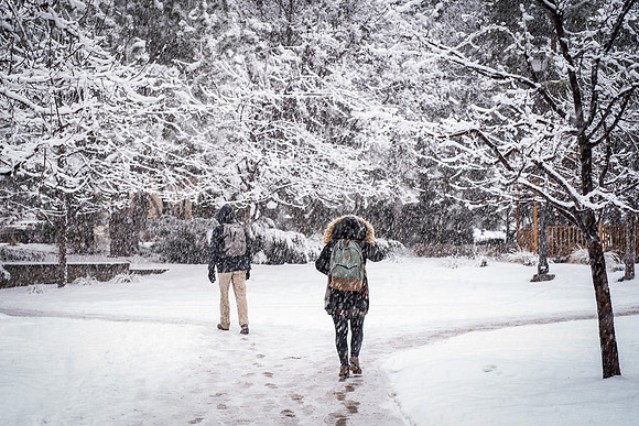 Campus is covered in a blanket of snow. 2018
