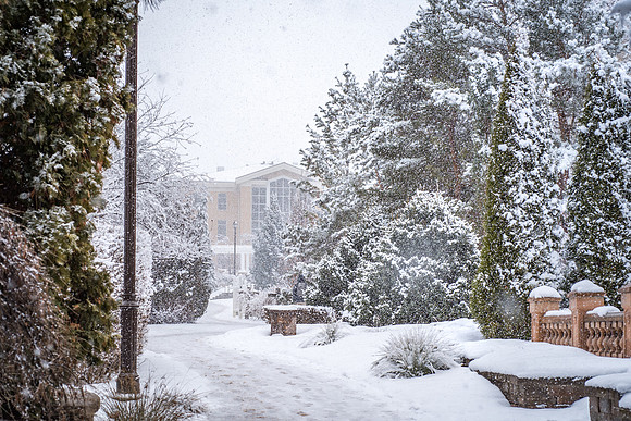 Campus is covered in a blanket of snow. 2018
