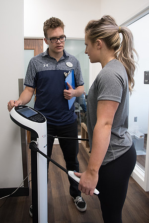 A BYU-Idaho Wellness Center student employee coaching other student to achieve their goals towards health and wellness. Feb 2018