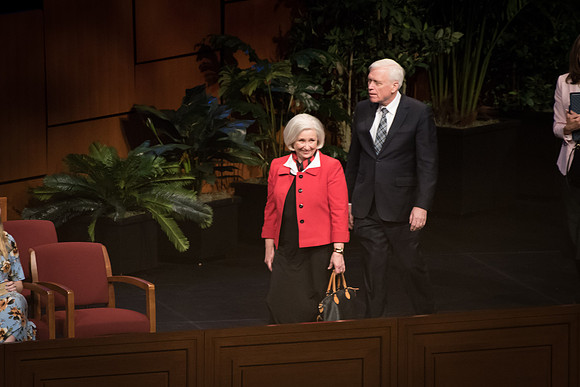 Sister Neill F. Marriott, Second Counselor in the Young Women General Presidency, enters the I-Center before her Devotional address.