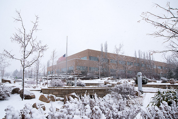 The campus is covered with snow.