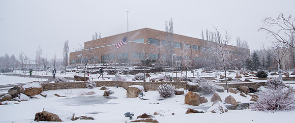 The campus is covered with snow.