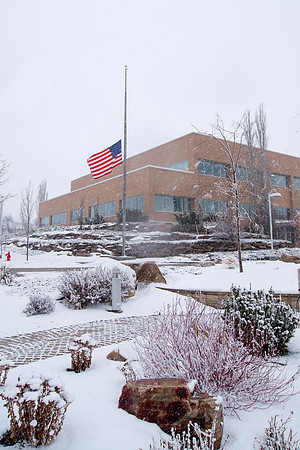 The campus is covered with snow.