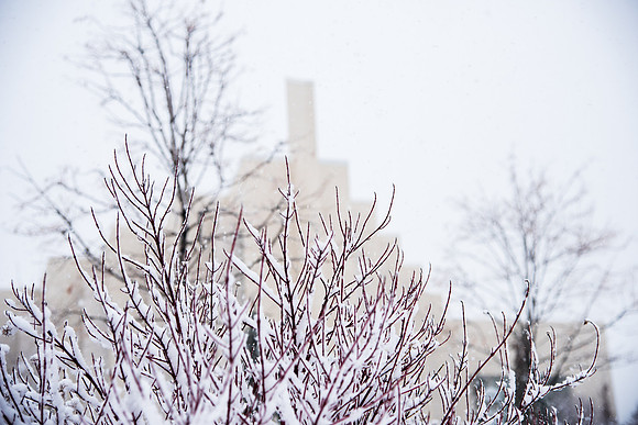 The campus is covered with snow.