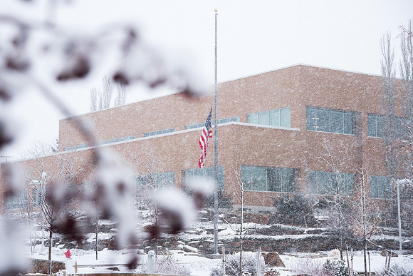 The campus is covered with snow.