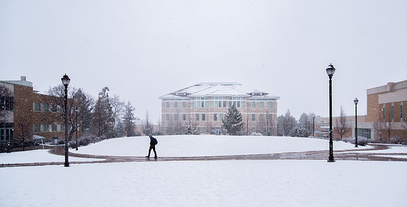 The campus is covered with snow.
