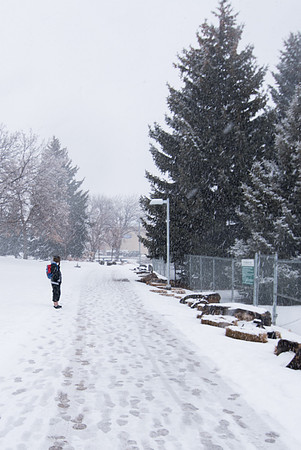 The campus is covered with snow.