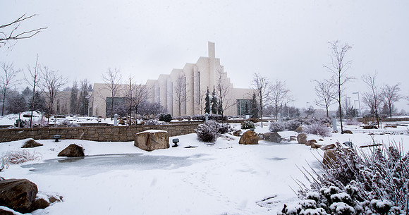 The campus is covered with snow.