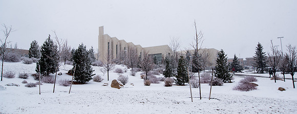The campus is covered with snow.