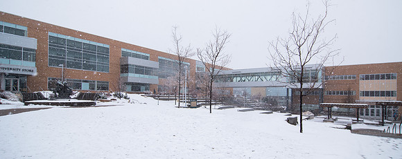 The campus is covered with snow.