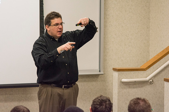 SK Tools representative Rob Conrad speaks to Automotive and Engineering students in the Austin Builiding.