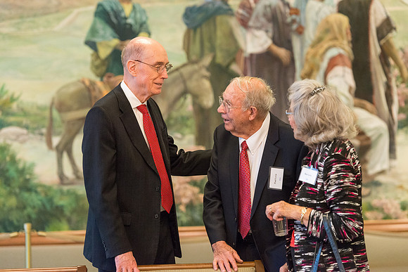 Guests have a chance to mingle during an evening with President Henry J. Eyring in the Church Office Building in Salt Lake City, Utah.