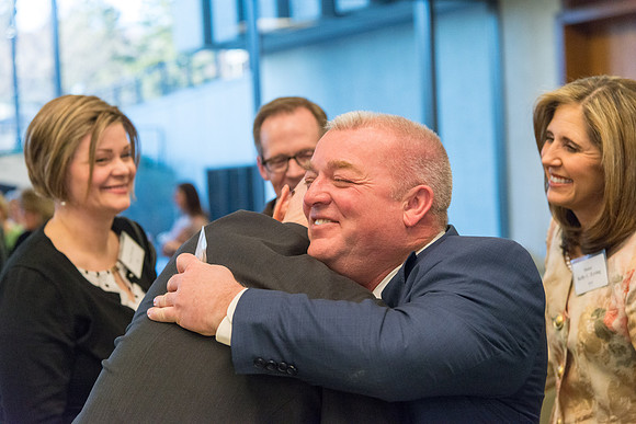 Guests have a chance to mingle during an evening with President Henry J. Eyring in the Church Office Building in Salt Lake City, Utah.