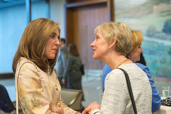 Guests have a chance to mingle during an evening with President Henry J. Eyring in the Church Office Building in Salt Lake City, Utah.
