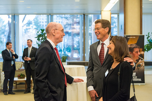 Guests have a chance to mingle during an evening with President Henry J. Eyring in the Church Office Building in Salt Lake City, Utah.