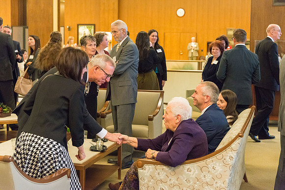 Guests have a chance to mingle during an evening with President Henry J. Eyring in the Church Office Building in Salt Lake City, Utah.