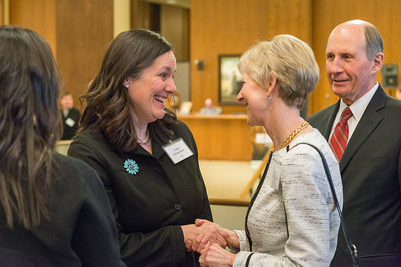 Guests have a chance to mingle during an evening with President Henry J. Eyring in the Church Office Building in Salt Lake City, Utah.