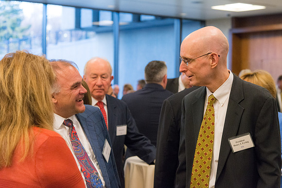 Guests have a chance to mingle during an evening with President Henry J. Eyring in the Church Office Building in Salt Lake City, Utah.