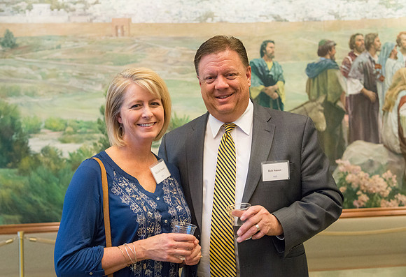 Guests have a chance to mingle during an evening with President Henry J. Eyring in the Church Office Building in Salt Lake City, Utah.