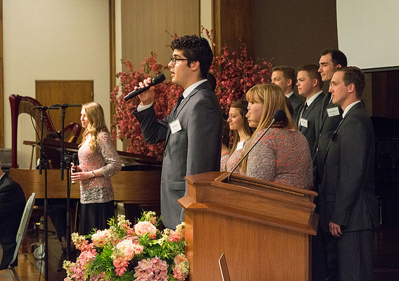 Vocal Union shares their singing talent during an evening with President Henry J. Eyring in the Church Office Building in Salt Lake City, Utah.