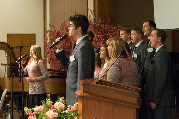 Vocal Union shares their singing talent during an evening with President Henry J. Eyring in the Church Office Building in Salt Lake City, Utah.