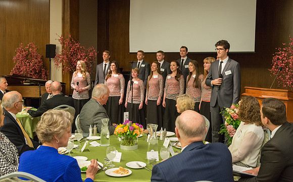 Vocal Union shares their singing talent during an evening with President Henry J. Eyring in the Church Office Building in Salt Lake City, Utah.