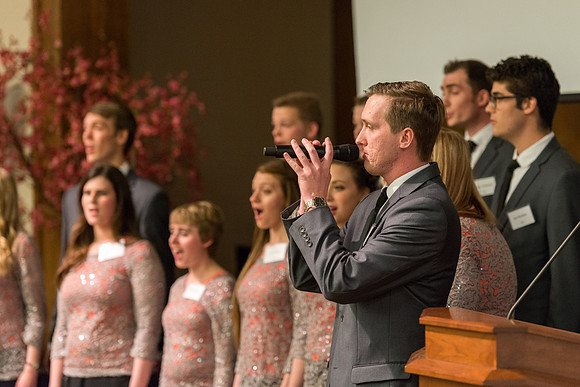 Vocal Union shares their singing talent during an evening with President Henry J. Eyring in the Church Office Building in Salt Lake City, Utah.
